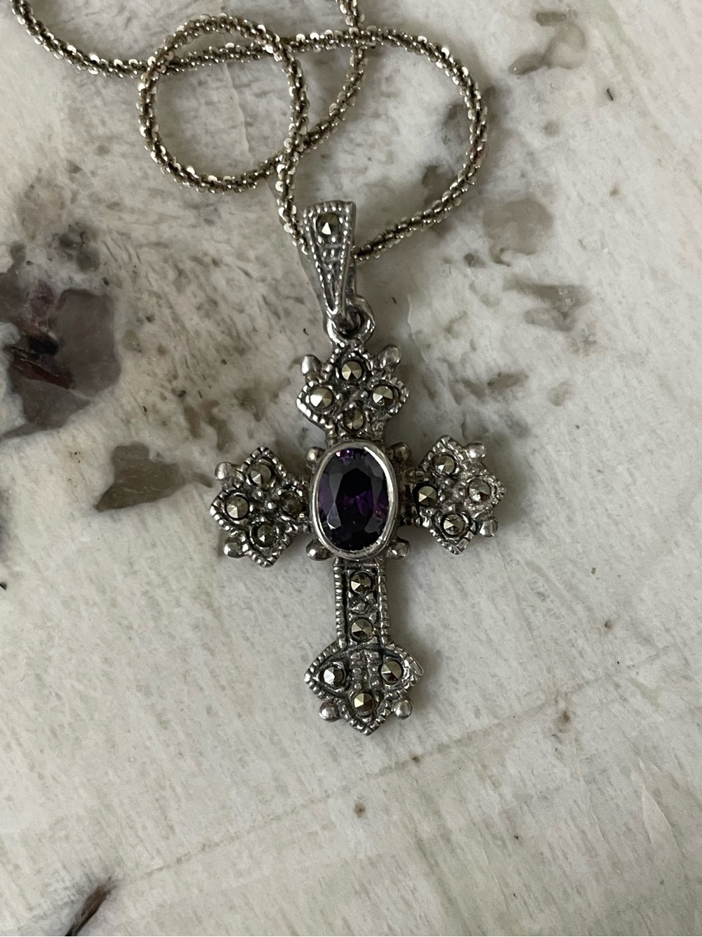 Vintage Sterling Silver 925 Cross Pendant Marcasite Stone & Italian 20” Chain